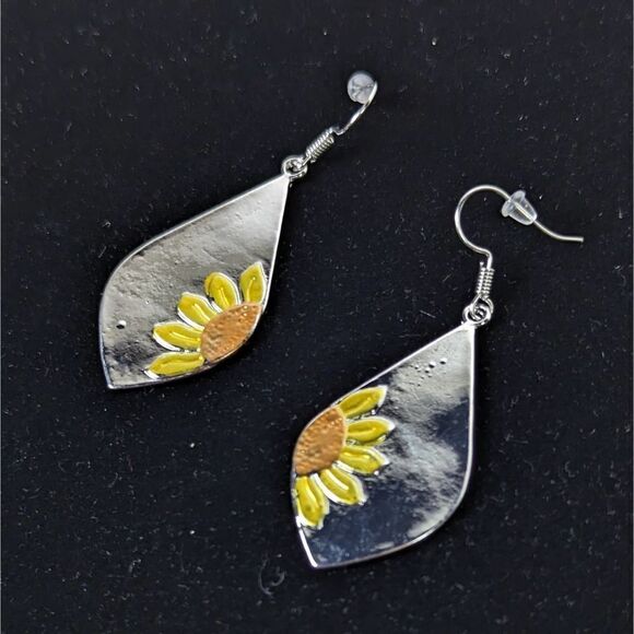 Silver Tone Sunflower Teardrop Earrings - Picture 4 of 5